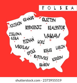 Vector Hand Drawn Stylized Map Of Polish Cities. Travel Illustration. Republic Of Poland Geography Illustration. Europe Map Element