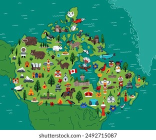 Vector hand drawn stylized map of Canadian landmarks. Canada travel illustration