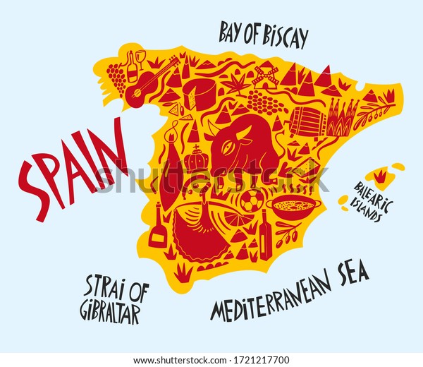 スペインのベクター手描きの様式化された地図 スペイン王国のランドマークの旅行イラスト 手書きの文字のイラスト ヨーロッパの地図エレメント のベクター画像素材 ロイヤリティフリー