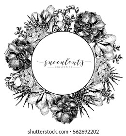 Vector hand drawn succulent wreath. Monochrome engraved vintage style art. Round border composition. Botanical illustration. Use for wedding invitation, holiday greeting card, business promotion.