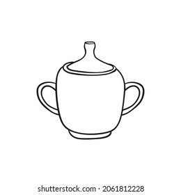 Vector hand drawn sugar bowl icon. Illustration of a pot with a lid in doodle style. 