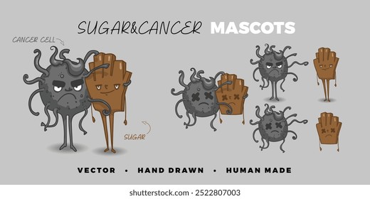 Vector hand drawn sugar and cancer cell mascot, perfect for both online and print projects. Ideal for food and nutrition designs.