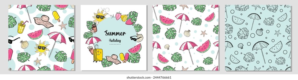 Vector Hand Drawn Summer big collection set. Decorative banner template and endless seamless patterns. Summer Holiday Vector Illustrations Vintage Retro Style Beach Elements