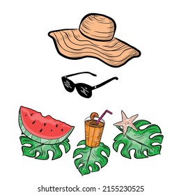 Vector Hand Drawn Summer Design elements. Beach Straw Hat and Sunglasses Isolated on White Background. Vintage Style Holiday Elements. Palm leaves Sea star and watermelon slice. Summer Vacation Object