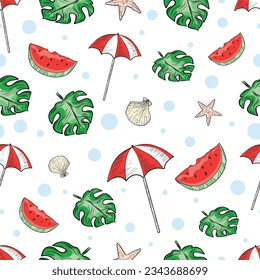 Vector Hand Drawn Summer Design elements. Beach Umbrella Isolated on White Background. Vintage Style Holiday Elements. Plan leaves Sea shell Seastar and watermelon slice. Summer Vacation Objects.