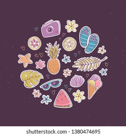 Vector hand drawn summer flat icon set in circle. Ice-cream, starfish, sunglasses, camera, lemon, flower, pineapple, shell, watermelon, flip flops combined in illustration for beach holidays and trips