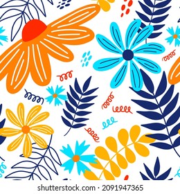 Vector hand drawn summer floral seamless pattern isolated on white background. Doodle leaves and flowers. Cartoon tropical background for wedding design, wrapping, textiles, ornate and greeting cards