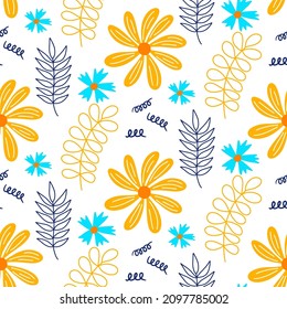 Vector hand drawn summer floral seamless pattern isolated on white background. Doodle leaves and flowers. Cartoon tropical background for wedding design, wrapping, textiles, ornate and greeting cards