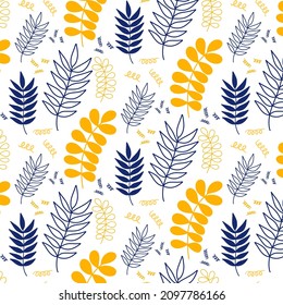 Vector hand drawn summer floral seamless pattern isolated on white background. Decorative doodle leaves. Cartoon tropical background for wedding design, wrapping, textiles, ornate and greeting cards