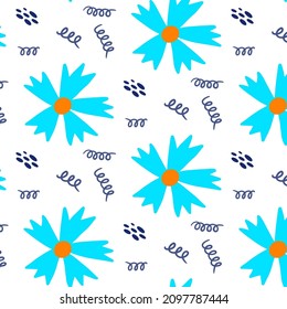 Patrón veraniego floral sin costuras dibujado a mano aislado en fondo blanco. Flores azul Doodle. Fondo de las flores de caricatura para el diseño de bodas, envolturas, textiles, adornos y tarjetas de felicitación