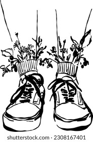 Vektorhandgezeichnete Sommerkleidung von Beinen in Turnschuhen mit Blumen