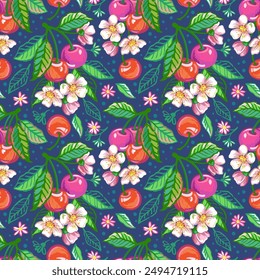 Vector hand drawn summer seamless pattern of cherry branches with fruit, flowers and leaves. Sketch illustrations of bright fruit for fabric or package design