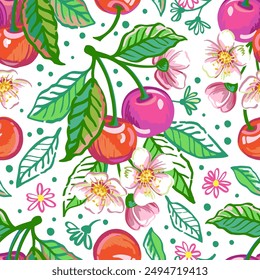 Vektorgrafik handgezeichnete sommerliche nahtlose Muster von Kirschzweigen mit Obst, Blüten und Blättern. Skizzenabbildungen von hellen Früchten für Stoff- oder Verpackungsdesign