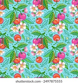 Vector hand drawn summer seamless pattern of cherry branches with fruit, flowers and leaves. Sketch illustrations of bright fruit for fabric or package design