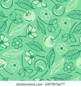 Vector hand drawn summer seamless pattern of cherry branches with fruit, flowers and leaves. Sketch illustrations of bright fruit for fabric or package design