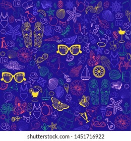 Vector hand drawn summer symbols by the line art set of summer theme doodle collection background.