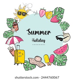 Vector Hand Drawn Summer time  banner design with white square for text and colorful beach elements in blue background. Summer Holiday Vector Illustration. Vintage Retro Style Beach Elements.