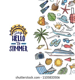 Vector hand drawn summer travel elements background with place for text illustration. Banner holiday and vacation, tropical poster summertime