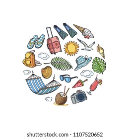 Vector hand drawn summer travel elements in circle shape illustration isolated on white