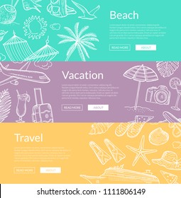 Vector hand drawn summer travel elements horizontal web banners and poster illustration