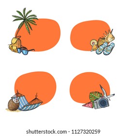 Vector hand drawn summer travel elements stickers set with place for text illustration isolated on white background