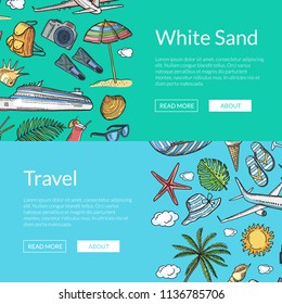 Vector hand drawn summer travel elements horizontal web banners illustration