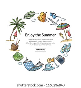 Vector hand drawn summer travel elements in circle form with place for text in center illustration