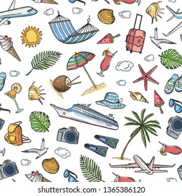 Vector hand drawn summer travel elements background or pattern illustration. Summer pattern seamless, travel and holiday drawing