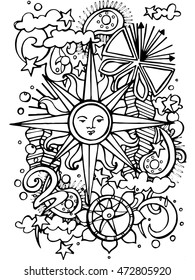 Vector Hand drawn sun for anti stress coloring page. Pattern for coloring book. Black and white.