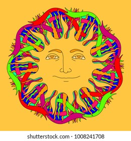 Vector hand drawn sun, colorful ribbons and abstract decorative elements on yellow. Hand-drawn line illustration. Sketch texture for poster, print, card. Creative mandala  for invitations, branding.