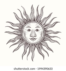 Vector hand drawn Sun illustration in vintage engraved style. Mystical element in boho style isolated on white background. Sun for astrology, divination, magic. Esoteric vector illustration