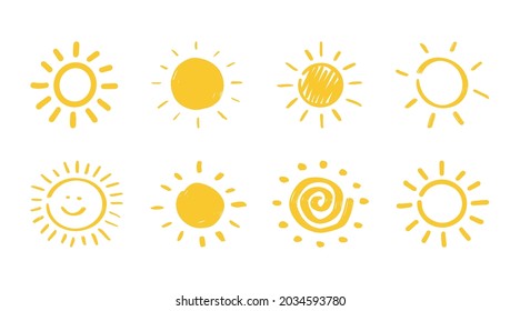 Vector hand drawn sun on white background.