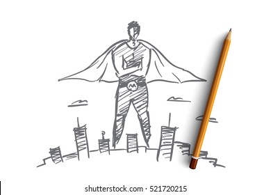 Vector hand drawn super man concept sketch with pencil over it. Super man in traditional costume over big city