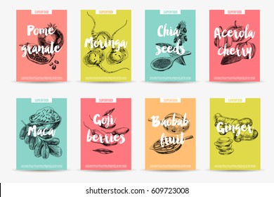 Vector hand drawn superfood cards set. Sketch vintage style. Poster collection. Design template.