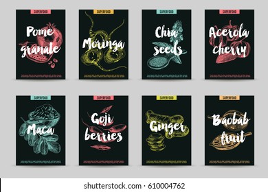 Vector hand drawn superfood cards set. Sketch vintage style. Poster collection. Design template.