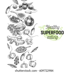 Vector hand drawn superfood Illustration. Sketch vintage style. Design template. Repeating boarder background.