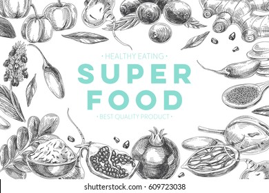 Vector hand drawn superfood Illustration. Sketch vintage style. Design template.