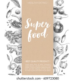 Vector hand drawn superfood Illustration. Sketch vintage style. Design template.