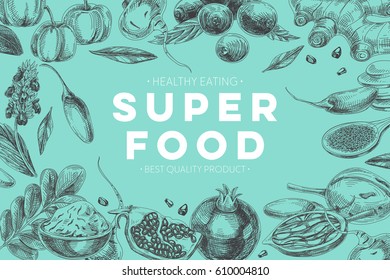 Vector hand drawn superfood Illustration. Sketch vintage style. Design template.