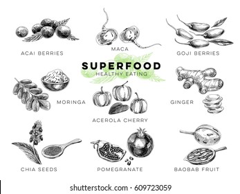 Vector hand drawn superfood Illustrations set with acai and goji berries, maca, moringa, ginger, chia seeds, pomegranate, baobab fruit. Sketch vintage style. Design template.