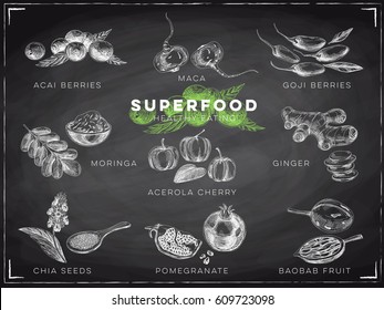 Vector hand drawn superfood Illustrations set with acai and goji berries, maca, moringa, ginger, chia seeds, pomegranate, baobab fruit. Sketch vintage style. Chalkboard esign template.