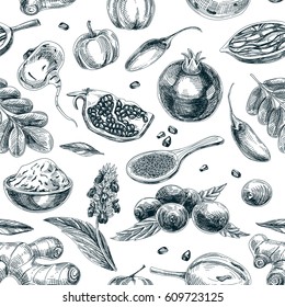 Vector hand drawn superfood seamless pattern. Sketch vintage style. Design template. Repeating background.