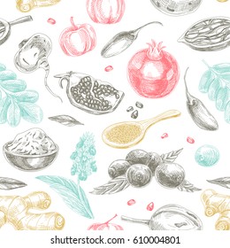 Vector hand drawn superfood seamless pattern. Sketch vintage style. Design template. Repeating background.