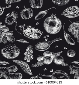 Vector hand drawn superfood seamless pattern. Sketch vintage style. Design template. Repeating background.