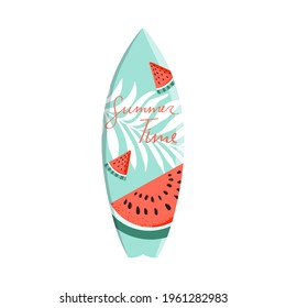 Vector hand drawn surfboard with print of watermelon, palm leaf and text summer time. Vector illustration for icon, logo, print, icon, card, cover, bags, case, invitation, emblem, label