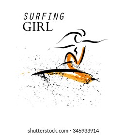 Vector hand drawn surfing girl athlete. Sportsman sketches. Ink drawing. Good for advertising, print design, magazine illustration.