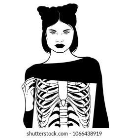 Vector hand drawn surreal  illustration ofgirl with ribs  isolated. Template for card, poster, banner, print for t-shirt, pin, badge, patch. 