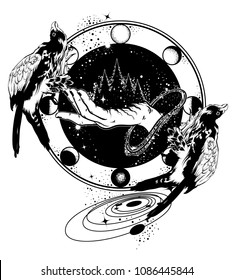 Vector hand drawn surreal  illustration of  hand with forest and falcon. Tattoo artwork with planets.   Template for card, poster, banner, print for t-shirt, placard. 