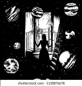Vector hand drawn surreal illustration of a girl opening window in the other world . Template for card, poster. banner, print for t-shirt, pin, badge, patch.