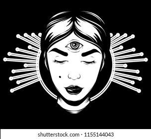 Vector hand drawn surreal illustration of fortune teller with rays. Creative tattoo artwork. Template for card, poster. banner, print for t-shirt, pin, badge, patch.